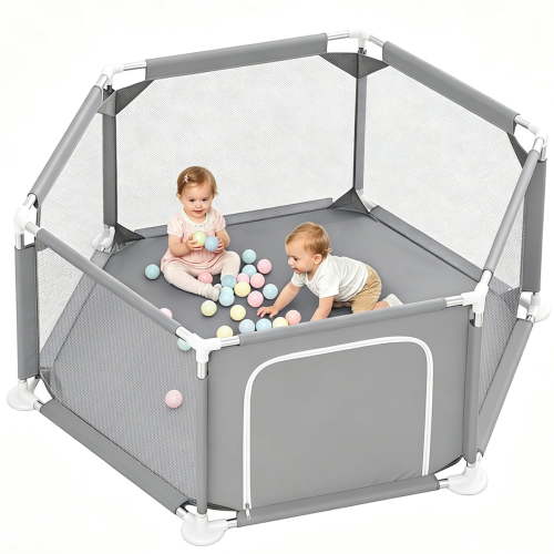 Portable Baby Playpen, 6-Panel Foldable Nursery Play Yard, Travel Infant Game Area, Gray