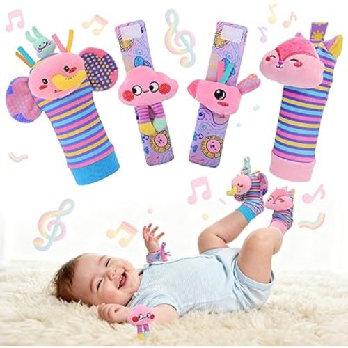 Baby Girls Wrist Rattle Socks and Foot Finder Set,Newborn Essentials Pink Unicorn Sensery Toys for Babies 0-12 Months Infant As Shower Gifts