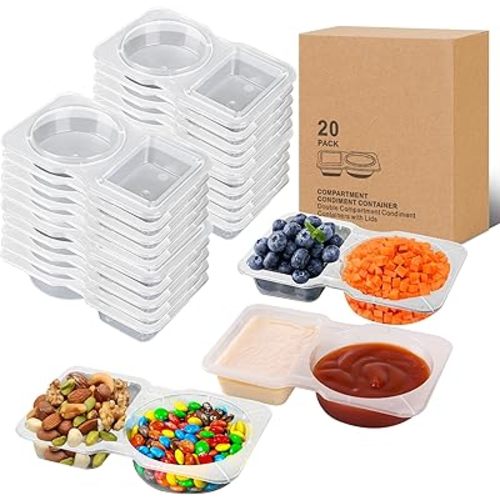 20 sets Reusable Snack Containers 2 Compartment Condiment Container With Lids Snackle Box Container Portion Control for Refrigeration Sauce,Outdoor Takeaway,Travel