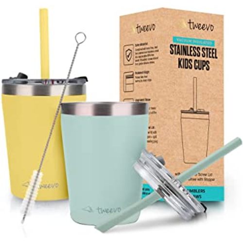 Tweevo Kids Tumblers with Spill-Proof Screw Lids - Kids Tumbler, 8.5 oz. -  Stainless Steel Kids Cups With Straws and Lids & Straw Brush