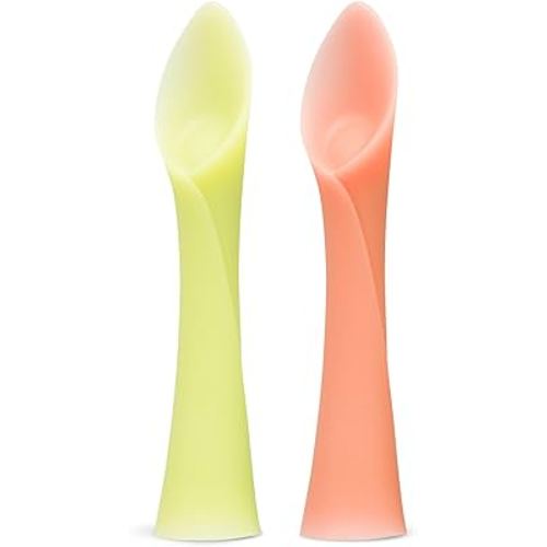 Olababy 100% Silicone Soft-Tip Training Spoon for Baby Led Weaning 2pack (Lemon/Coral)