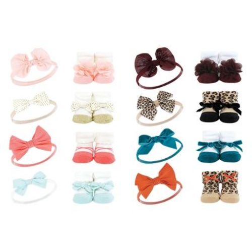 Hudson Baby Infant Girl 16Pc Headband and Socks Set, Coral Gold Fall Leopard, One Size