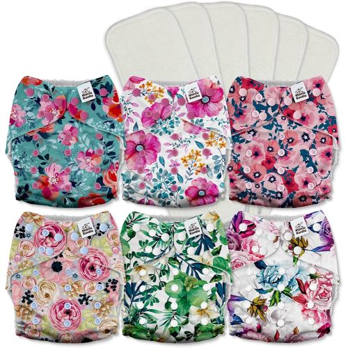 Mama Koala 3.0 Pocket Cloth Diapers for Babies with AWJ Lining, 6 Pack with 6 5-Layer Natural Cloth Diaper Inserts - Reusable and Washable Pocket Diapers(A-Bloomin' Lovely)