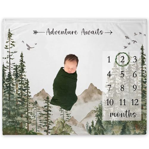 Yuzioey Adventure Awaits Milestone Blanket, Forest Mountain Baby Growth Chart Monthly Blanket, Watch Me Grow Woodland Mountain Tree Baby Nursery Shower(50"x40")