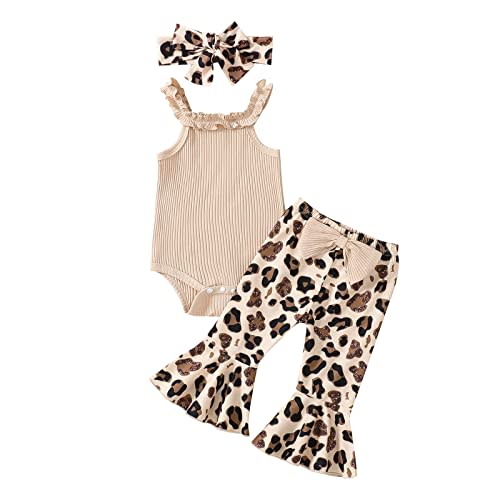 fhutpw Newborn Baby Girl Clothes Infant Rib Frill Long Sleeve Romper Flared Pants Headband Set 3pcs Fall Winter Outfits