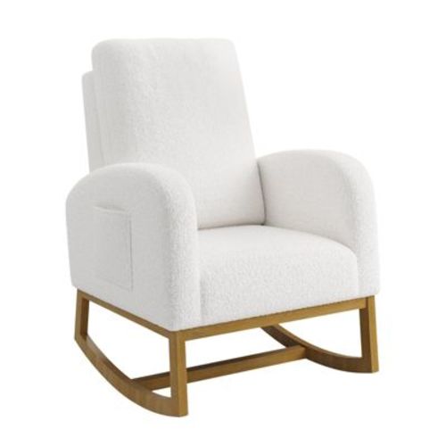 Teddy Upholstered Rocking Chair Nursery - Glider Rocker Chair with High Backrest, Side Pocket, Wood Legs, Comfy Side Accent Chair for Bedroom