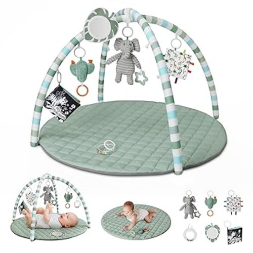 Blissful Diary Baby Play Gym Mat, Play Mat Activity Mat with 6 Detachable Toys for Stage-Based Sensory & Motor Skill Development, Easy to Install & Clean, Baby Essentials Gift, Sage Green