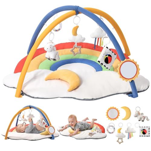 Baby Gym Play Mat with 6 Detachable Toys, Tummy Time Mat for Floor, Promote Motor Skills & Sensory Development Mat for Infant, Washable Baby Activity Mat, Easy to Install, Baby Essentials Gift-Rainbow