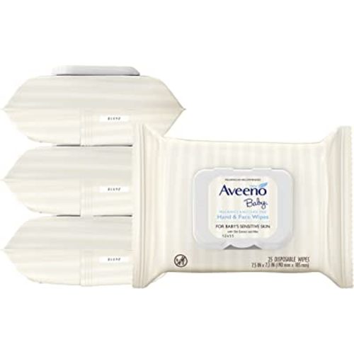 Aveeno Baby Hand & Face Cleansing & Moisturizing Wipes with Oat Extract and Aloe, Fragrance-Free Wipes for Sensitive Skin, Free of Sulfates, Alcohol, Parabens, and Dyes, 25 ct (Pack of 4)