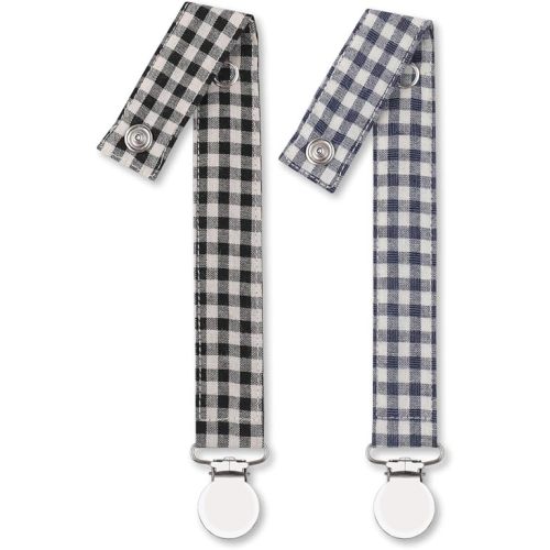 Pacifier Clip Leash Soothie Holder Unisex Plaid Button for boy (2 Pack)