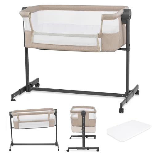 Kinderkraft Neste UP2 Bedside Cot 2 in 1, Co-Sleeper from Birth, Travel Cot for Newborn, Adjustable Height, Included Mattress Sheet, with 4 Wheels, Breathable Mesh, Beige