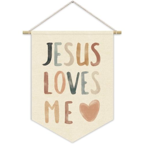 Bible Verses for Nursery Decor,Jesus Loves Me for Kids Wall Art Canvas Banner,Inspirational Christian Wall Hanging Pennant Flag Canvas Banner for Baby Kids Bedroom 15x11in