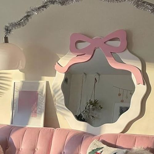 Pink Bow Wall Mirror 14.6 x 15.8'' Decorative Makeup Mirror Coquette Room Decor for Bedroom Living Room Dresser Dorm Office Cabinet