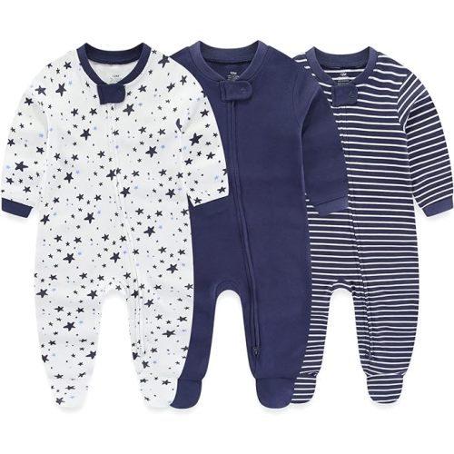 MAMIMAKA Newborn Baby Boy Girls Clothes 2-Way Zip Footed Cotton Bodysuit 3-Pack Long Sleeve Outfits 0-12Months Baby Pajamas