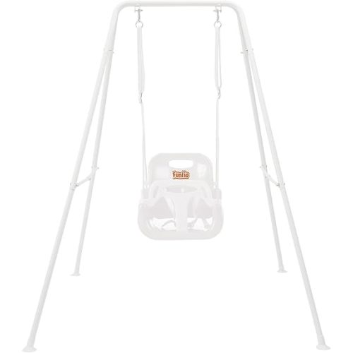 FUNLIO Baby Swing with Foldable Metal Stand for Toddlers Aged 1~10 Years, 3-in-1 Toddler Swing Set with 4 Sandbags for Backyard, Kids Swing Set for Indoor/Outdoor Play, Easy to Assemble & Store, White