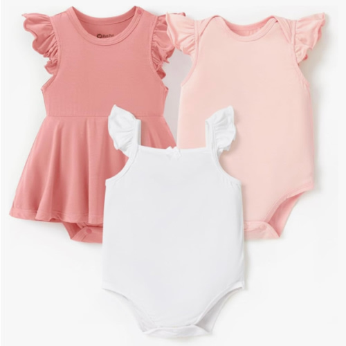 PATPAT Baby Girl Bodysuits - Soft Bamboo Viscose - Flutter Sleeves Cute Dress - Newborn Infant Summer Clothes - 3 Pack
