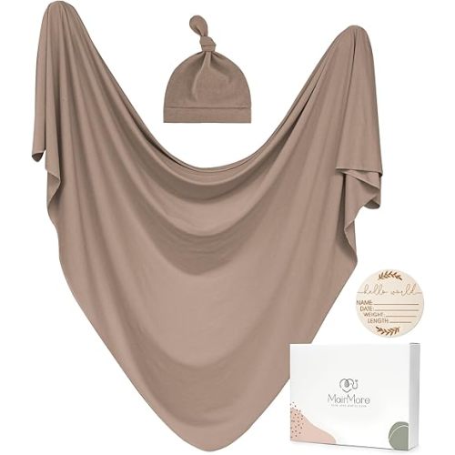 Baby Swaddle Receiving Blankets with Matching Beanie Set Newborn Nursery Swaddle Wrap for Baby Girls and Boys (Brown)