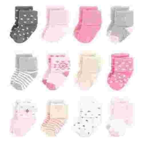 Hudson Baby Infant Girl Cotton Rich Newborn and Terry Socks, Pink Gray Aztec, 0-6 Months
