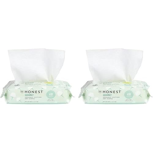 The Honest Company 100% Pure Organic Cotton Dry Wipes | Multi-Use Disposable Facial Cloth and Baby Wipe | Hypoallergenic and Gentle on Skin | 96 Count (2 Packs of 48)