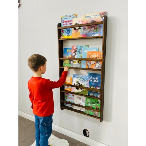 Walnut Color Shallow Book Shelf Behind the Door Handmade Wall Mounted Montessori Bookshelf for Kids,Walnut,Natural,White