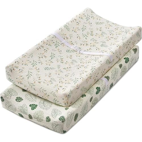 Blissful Diary Muslin Changing Pad Cover for Girls Boys, Ultra Soft Breathable Cotton, Baby Diaper Change Table Pad Covers, 2Pack (Leaf & Monstera Leaves)