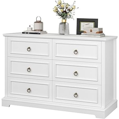 HOSTACK 6 Drawers Dresser for Bedroom, White Dressers & Chests of Drawers, 47.2" Wide Wood Double Dresser, Modern Farmhouse Storage Dressers, 6 Drawer Chest for Living Room, Entryway, Hallway