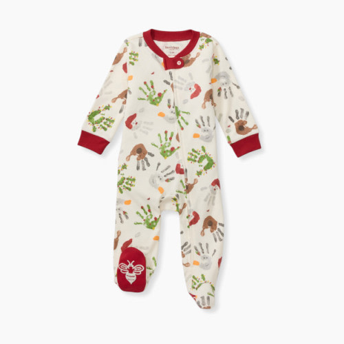 Burt's Bees Baby Holiday Organic Sleep & Play Zip-Up Footie Pajamas - Holiday Hands, Newborn