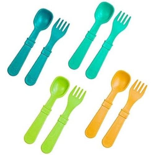 Re-Play Toddler Forks and Spoons Set - 4x4 Toddler Utensils Set - Dishwasher and Microwave Safe - Made in USA - Set of 8-5.8" x 1.2" x 0.2" - Aqua Asst