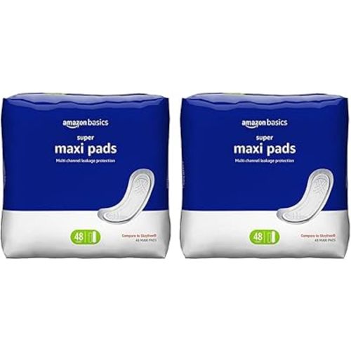 Amazon Basics Maxi Pads for Women- Thick, Super Absorbency, Unscented, 96 Count, (2 Packs of 48) (Previously Solimo)