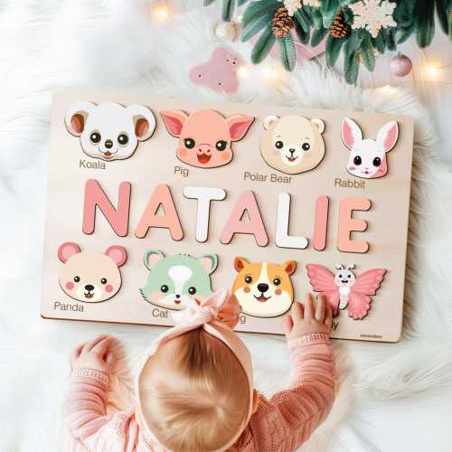 Personalized Handmade Baby Name Puzzle with Animals, Baby Girl Gift, Baby Boy Gift, Personalized Wooden Toys for Baby, Nursery Decor