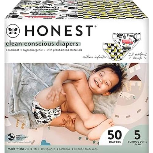 The Honest Company Clean Conscious Diapers | Plant-Based, Sustainable | Big Trucks + So Bananas | Club Box, Size 5 (27+ lbs), 50 Count