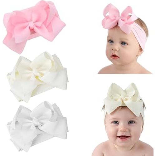 3pcs Baby Girl Headbands with Bows - Soft Stretchy Newborn Bows for Girls, Infant Toddler Hair Accessories (White, Ivory, Pink)