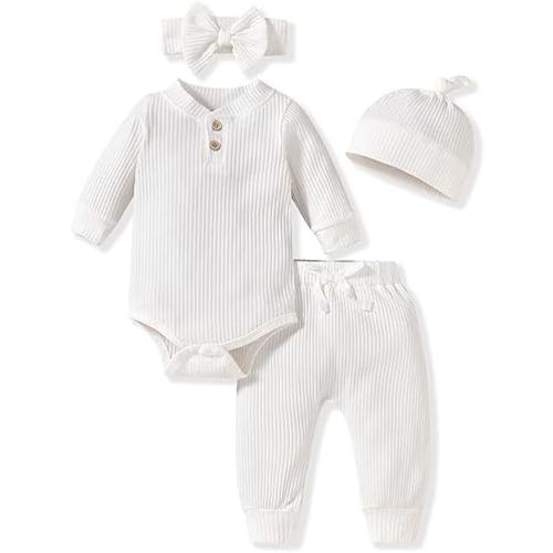 Aalizzwell Gender Neutral Long Sleeve Baby Ribbed Outfit with Hat & Headband