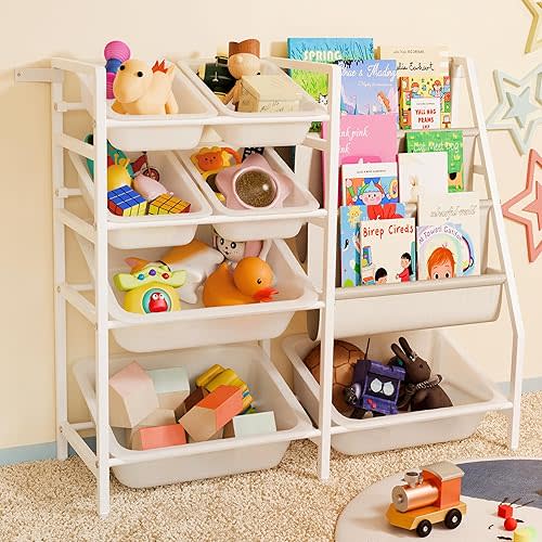 Kids Bookshelf and Toy Organizer, 4-Tier Toy Storage with 7 Removable Plastic Bins, Montessori Bookshelf Storage for Kids & Toddlers, Nursery Book Shelves for Playroom, Bedroom, Kids Room,White