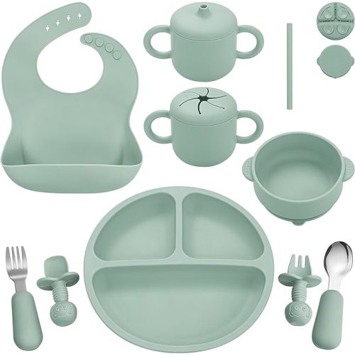 Silicone Baby Feeding Set, Baby Led Weaning Supplies, Eating Essentials Utensils with Suction Plate and Bowl, Pocket Bib, Sippy Cup with Lid, Forks Spoons Snack Container, for 6+ Months, Green