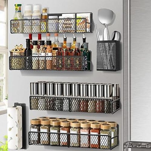 Magnetic Spice Rack for Refrigerator, 6 Pack Metal Magnetic Shelf Black, Moveable Spice Organizer, Strong Magnetic Storage Fridge Organizer with Paper Towel Holder, Utensils Holder