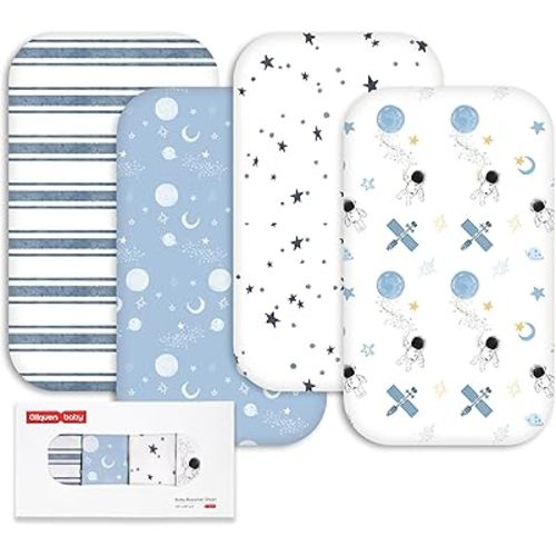 Gllquen Baby Bedside Sleeper Sheets 33x20 Inch 4 Pack - Fitted Crib Mattress Covers, Ultra Soft Oeko-TEX Certified Bassinet Sheets for Girls Boys, Gift Ready Box for Baby Shower (Astronaut)