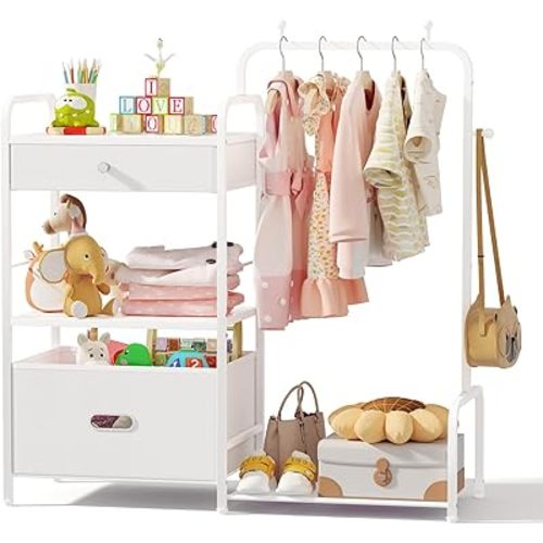 BBLIKE Kids Clothing Rack - Baby Clothes Organizer with Bottom Storage Shelf, Garment Rack With Storage Box for Hanging Clothes, Coats, Skirts, White