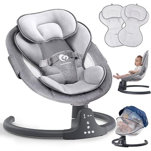 Bluetooth Baby Swing for Infants, Compact & Portable Baby Rocker, 3 Seat Positions, 5 Swing Speed, 10 Lullabies, Remote Control, USB Plug-in Power, Reversible Cushion for All Seasons