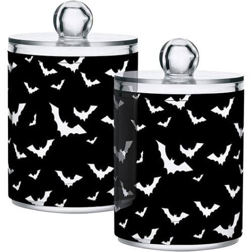 ZOEO Halloween Bathroom Canister Set of 2, Black Bat Clear Plastic Jars Holder Dispenser Farmhouse Sugar Storage Countertop With Airtight Lids, Kitchen Theme Decor