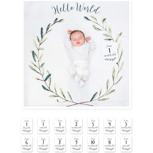 lulujo Baby’s First Year Milestone Blanket and Card Set | 40in x 40in (Hello World)