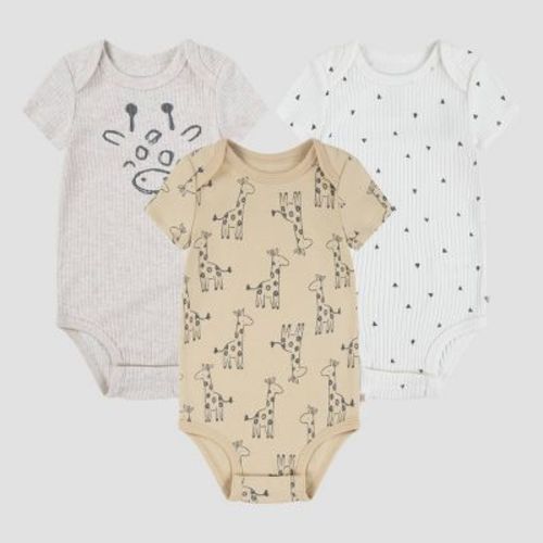Huggies Baby 3pk Giraffes Short Sleeve Bodysuit - Neutral Newborn: Organic Cotton Knit, Animal Pattern, Crotch Snap Closure