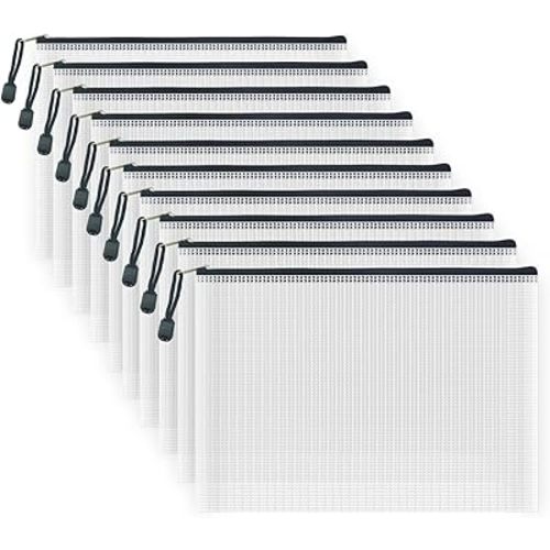 AUSTARK 10 Pcs Zipper File Bags, Waterproof Plastic Mesh Pouch for Office School, Board Game Storage Bags (B5 Size 11.4''x8.2'', White and Black)
