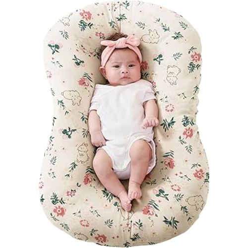 FUNUPUP Muslin Baby Lounger Cover Compatible with Snuggle Me Lounger, Infant Lounger Pillow Cover for Newborn, Removable Newborn Lounger Cover for Boys and Girls, Pink Flower