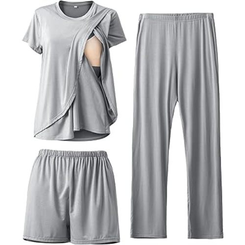 Rnxrbb 3 Piece Postpartum Nursing Pajamas Set Casual Soft Maternity Breastfeeding Pjs Sleepwear Loungewear Clothes Layer