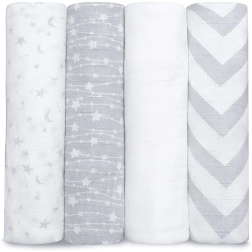 Comfy Cubs Muslin Swaddle Blankets Pack of 4, 47 x 47 Inches, Soft Cotton Baby Blanket Set, Large Multipurpose Swaddling Wraps for Newborns - Self-Soothing Swaddle - Grey