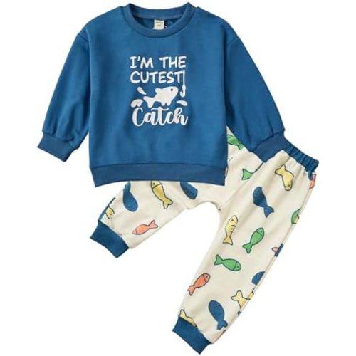 SunoZee Toddler Baby Fish Long Sleeve Sweatshirt Top Jogger Pants Set Cute Fall Winter Clothes Set