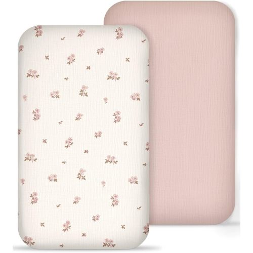Muslin Bedside Bassinet Sheets 2 Pack, 33x20 Fitted Ultra Soft & Breathable Bedside Sleeper Sheets, Ideal for Baby Girl and Boy, Perfect for Newborns (Vintage Blossom & Pink)