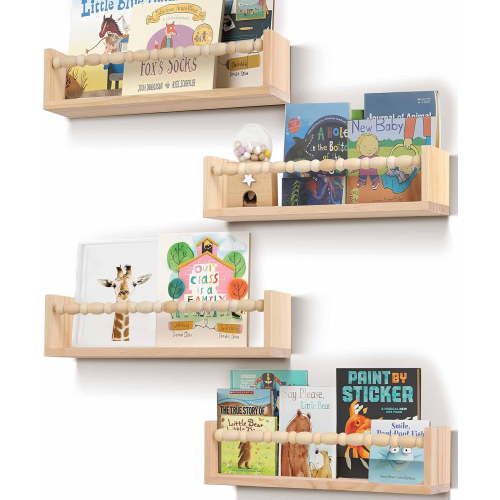 Nursery Book Shelves Set of 4,Wood Floating Nursery Shelves for Wall,Wall Bookshelves for Kids(Set of 4 Natural)