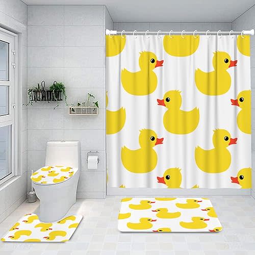Ansouyi 4Pcs Bathroom Shower Curtain Sets with Non-Slip Rugs, Toilet Lid Cover and Bath Mat, Yellow Cartoon Duck on White Durable Waterproof Shower Curtain for Bathroom Set, 72x72 Inch